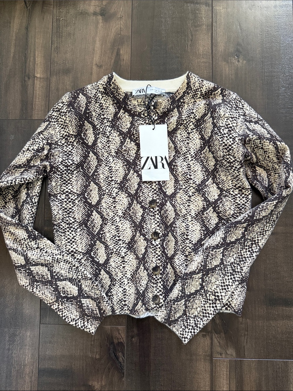 Zara Snake-Print Button Front Cardigan in Cream and Brown